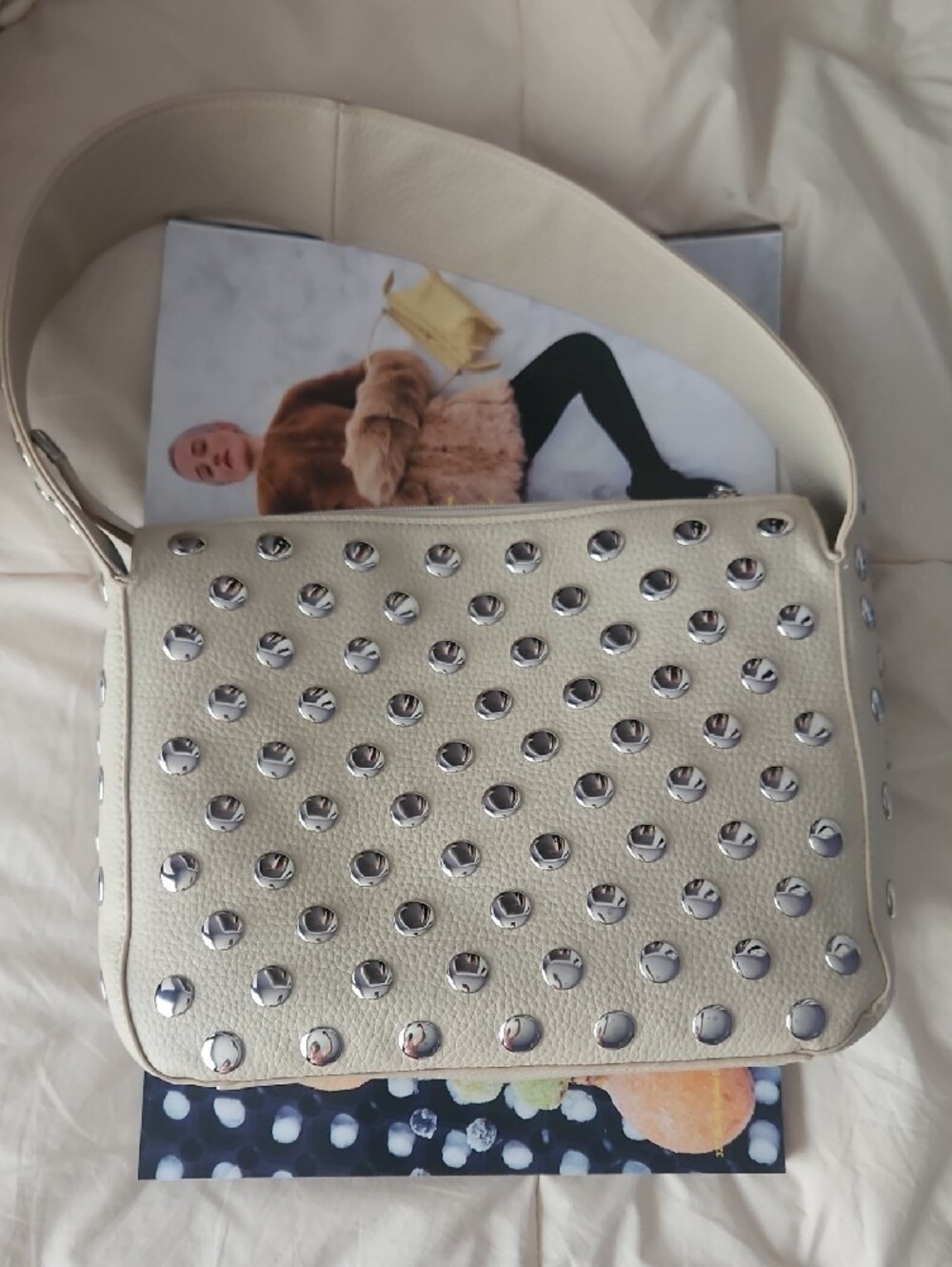 Studded Cream Leather Shoulder Bag